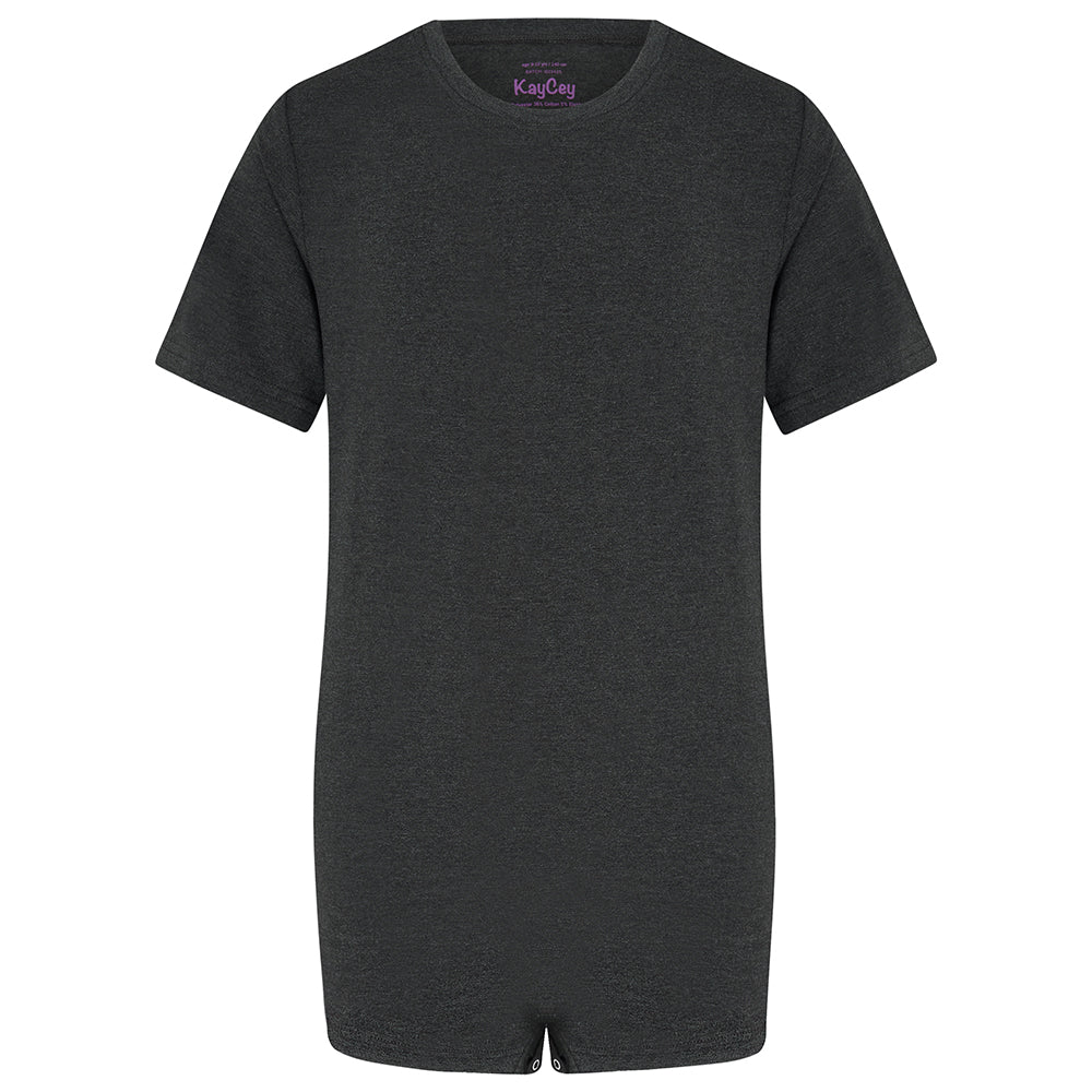 Charcoal short-sleeved short-legged poppervest against a white background