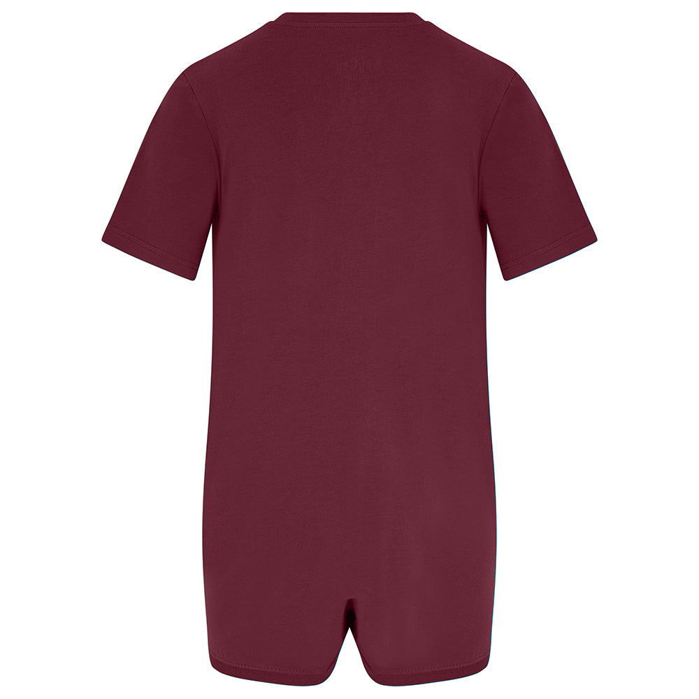 Cranberry/burgundy short-sleeved short-legged poppervest. Showing back, against a white background