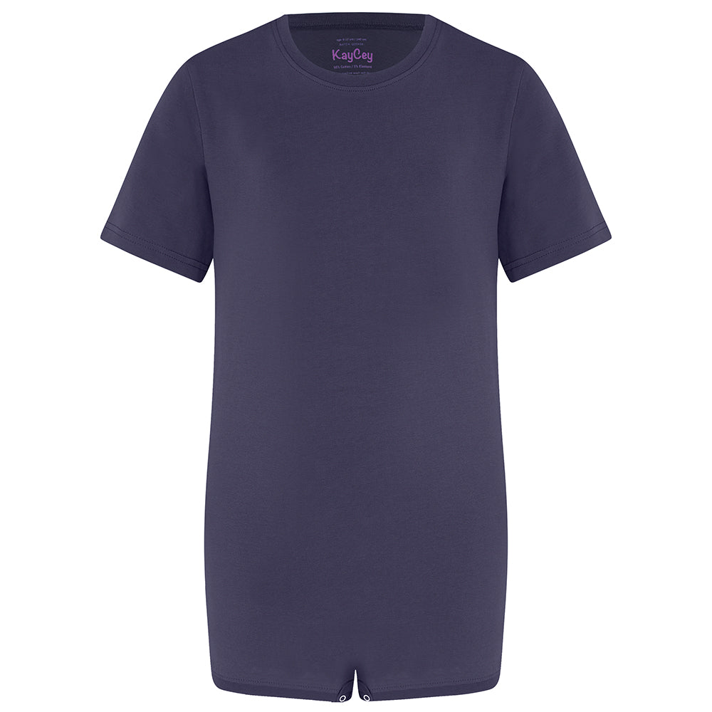 Violet short-sleeved short-legged poppervest. Showing front, against a white background