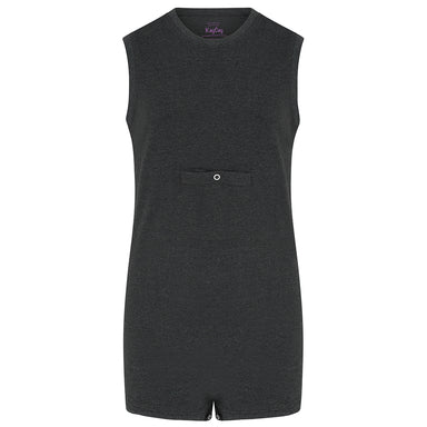 Charcoal, sleeveless poppervest with tube access. Tube access is accessible via the center of the chest via a popper and horizontal flap. Showcasing front of garment against a white background.