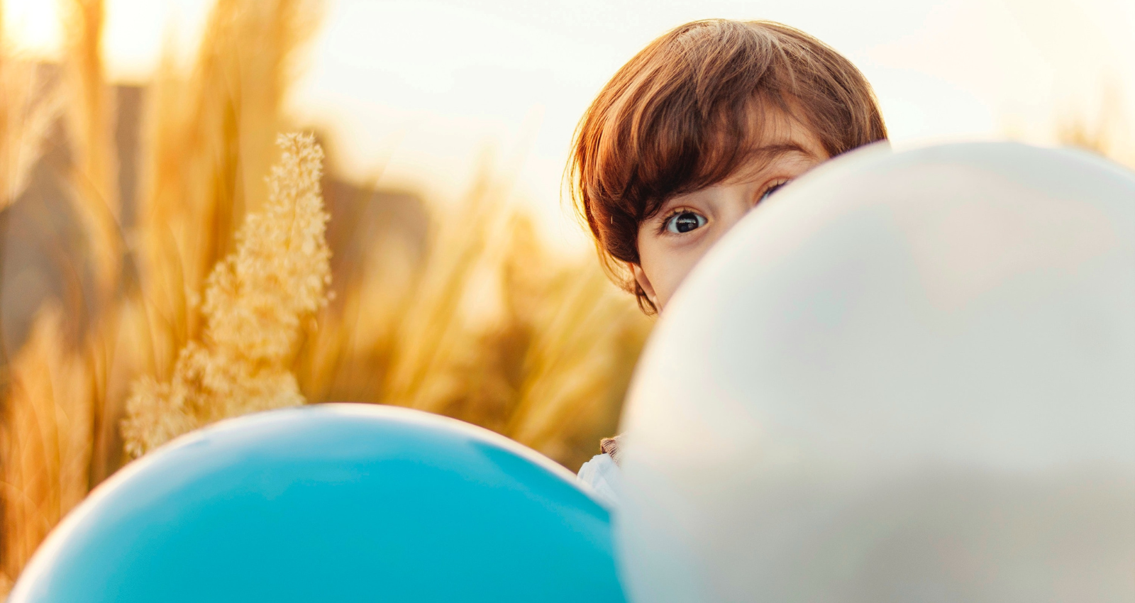 boy peeking over two balloons in a wheat field