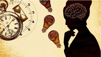 Illustration of a ladies silhouette with an outline of her brain on show. She is surrounded by clock faces and three lightbulbs to represent thinking.