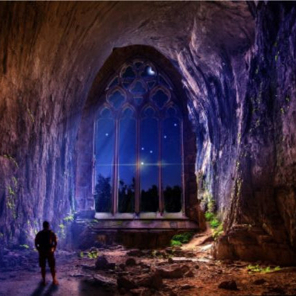 Silhouette of a person standing in a dark cave with an arched catherdral window, light beaming in from the starry sky