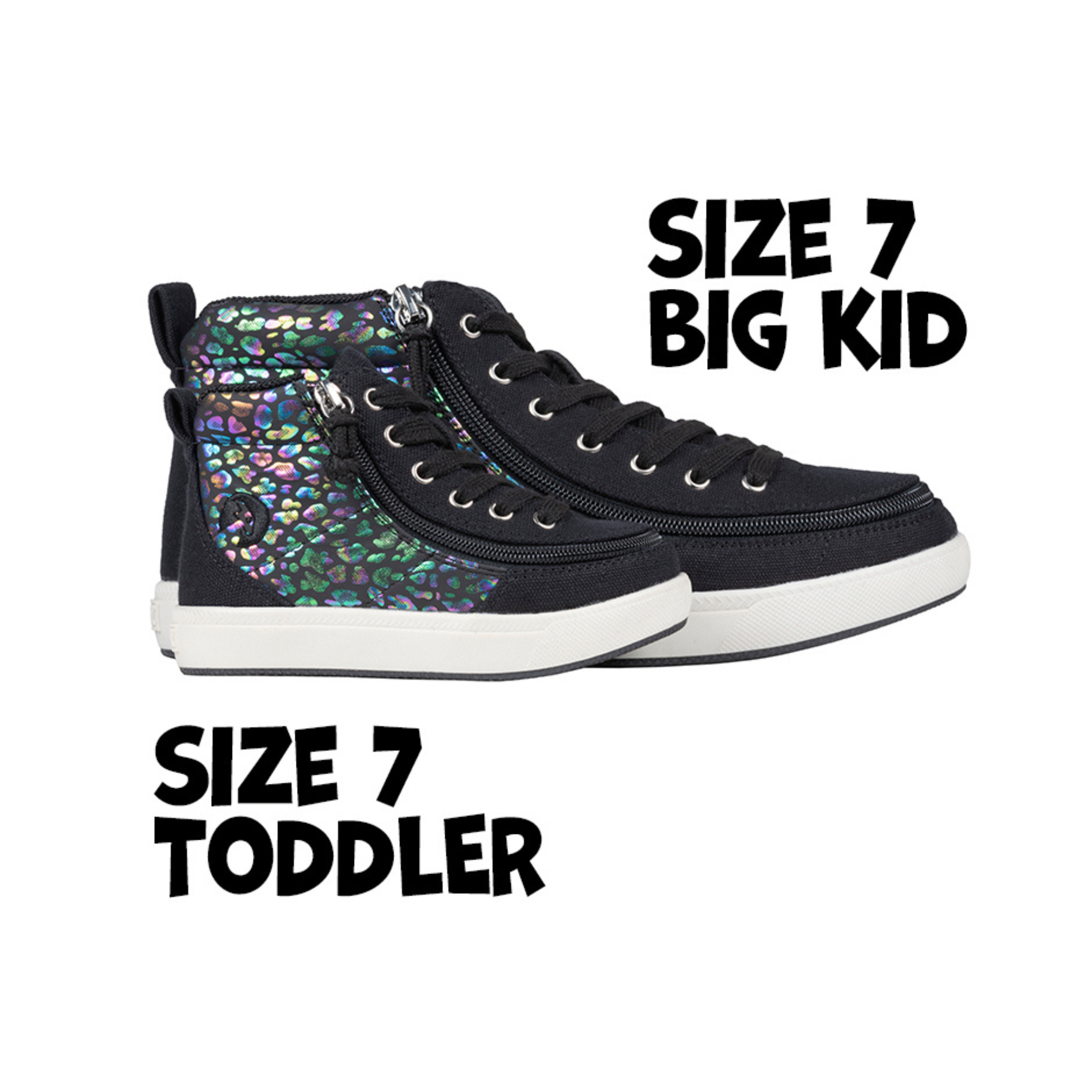 Two pairs of Billy shoes side view, one toddler size and the other big kid size. Black Leopard design in an iridescent colour and black canvas