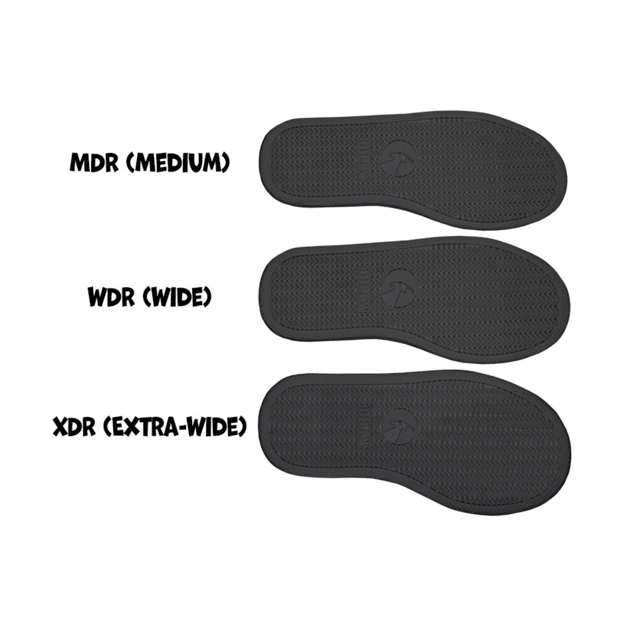 Image of the three sole size comparisons in the Billy D|R range. MDR (standard), WDR (wide) & XDR (extra wide)