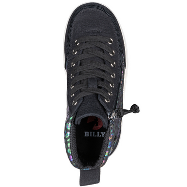 Single Billy shoe from above view. Black lacing system on show