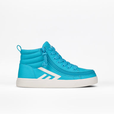 Blue high-top trainer with a white sole on a light background
