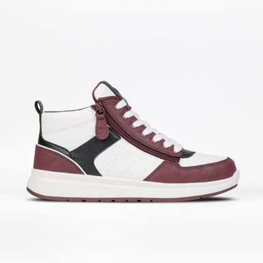 High-top sneaker with maroon, black, and white color scheme on a light gray background