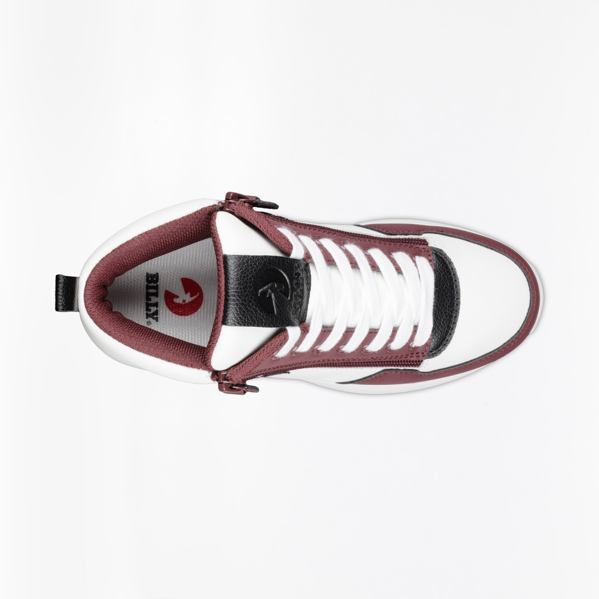 Maroon, black and white trainer with visible brand logo on the insole. Against a white background. Trainer photographed from above.