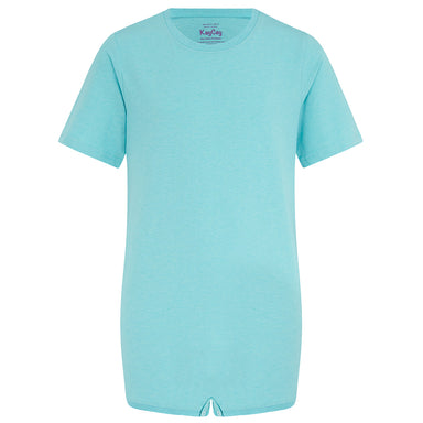 Jelly Mint/Turquoise short-sleeved short-legged poppervest. Showing front, against a white background