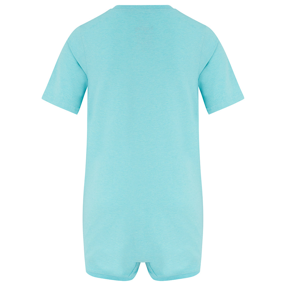 Jelly Mint/Turquoise short-sleeved short-legged poppervest. Showing back, against a white background