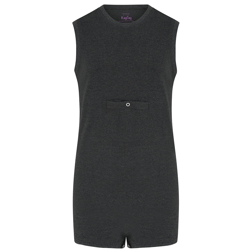 Charcoal, sleeveless poppervest with tube access. Tube access is accessible via the center of the chest via a popper and horizontal flap. Showcasing front of garment against a white background.