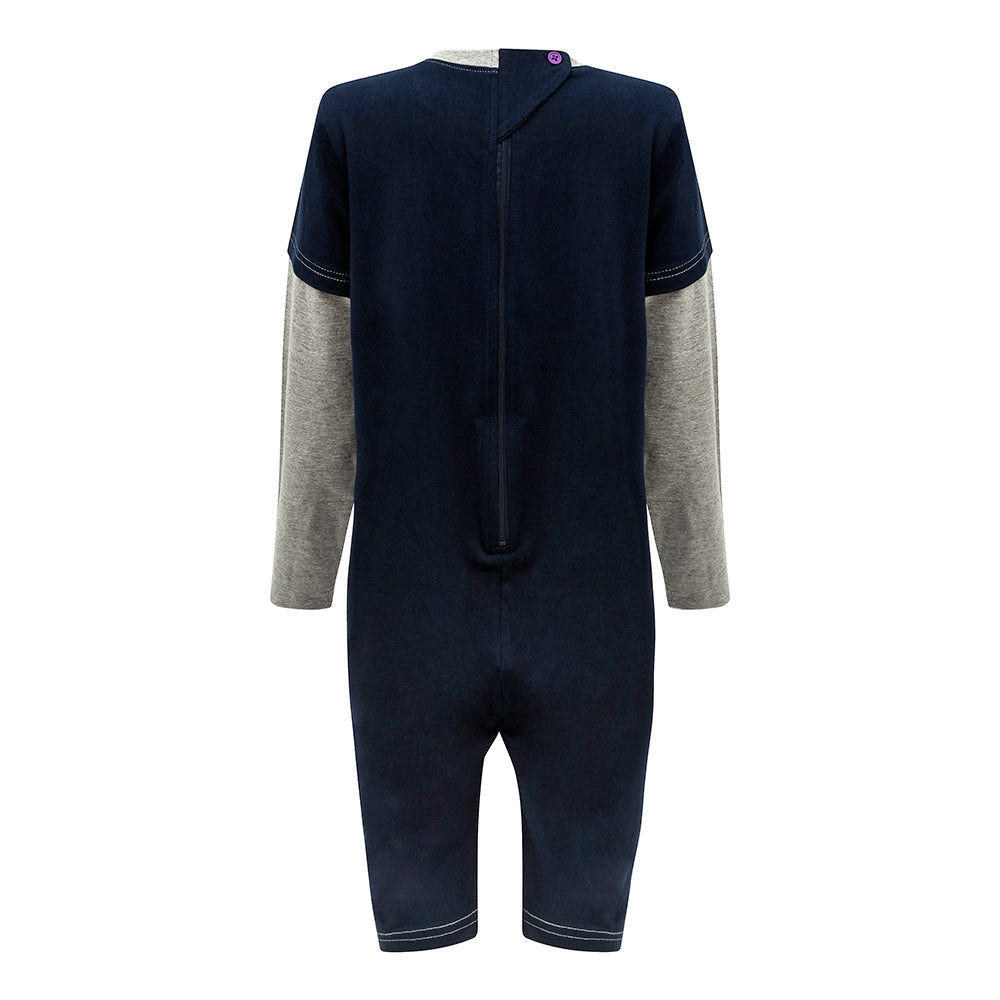 KayCey_adaptive_clothing_for_special_needs_kids_and_older_children_zip_navy_grey_back_of_jumpsuit