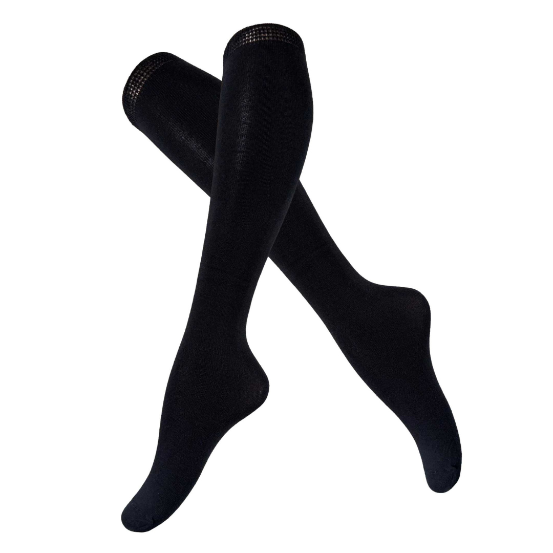 pair of black knee high socks against a white background