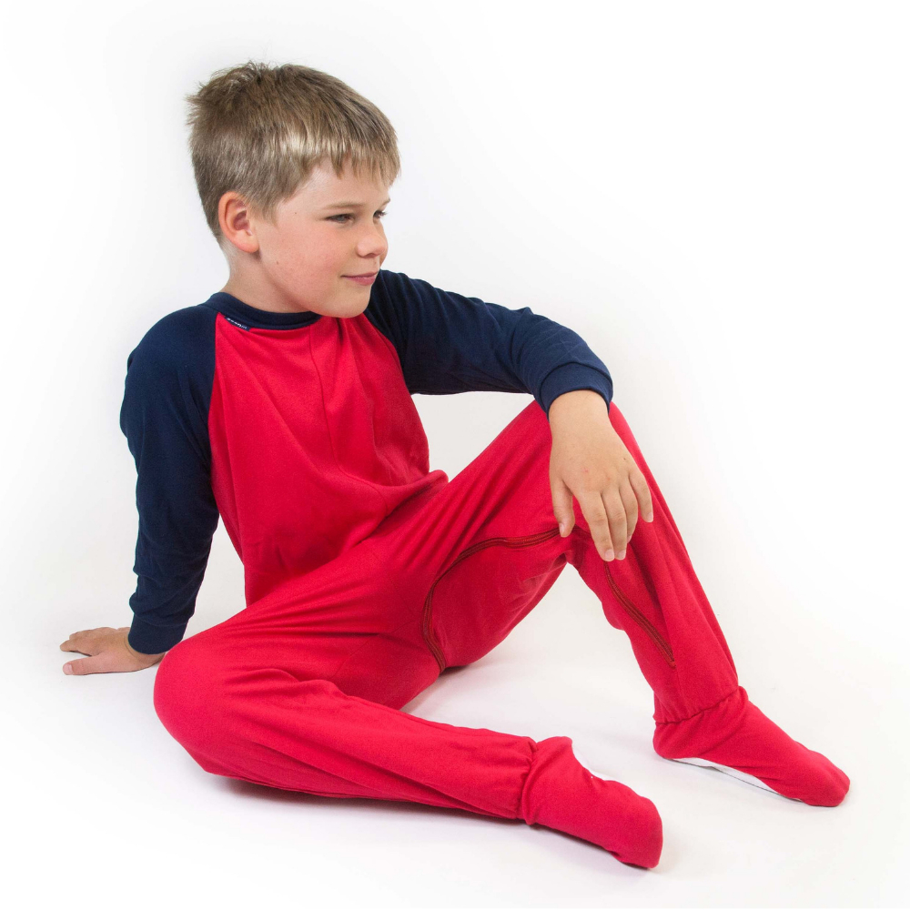 Seenin_zip_back_footed_sleepsuit_with_closed_feet_red_pajamas_for_kids_and_older_children_with_special_needs