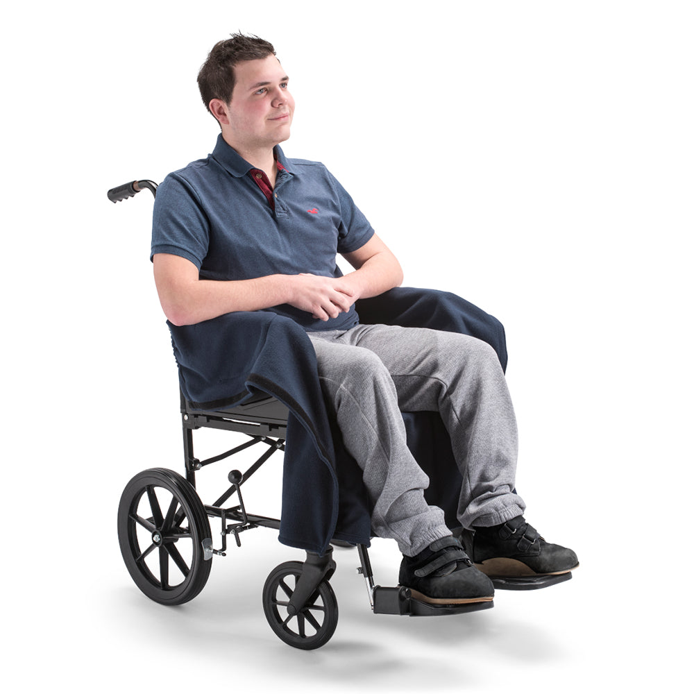nicosy_fleece_cover_for_wheelchair_man_wearing_navy_cover_open